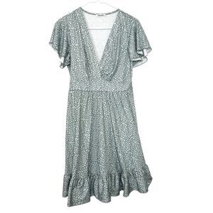 Torary Floral Short Sleeve Ruffle Wrap A Line Dress Green White Medium